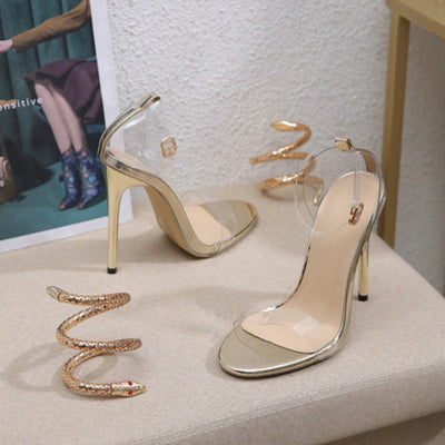 Gold PU heels with round toe and ankle buckle strap, European and American style, sizes 35–42.

