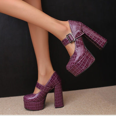 Colorful round-toe heels with buckle strap, PU lining, and rubber sole in various mouth depths and heel heights.