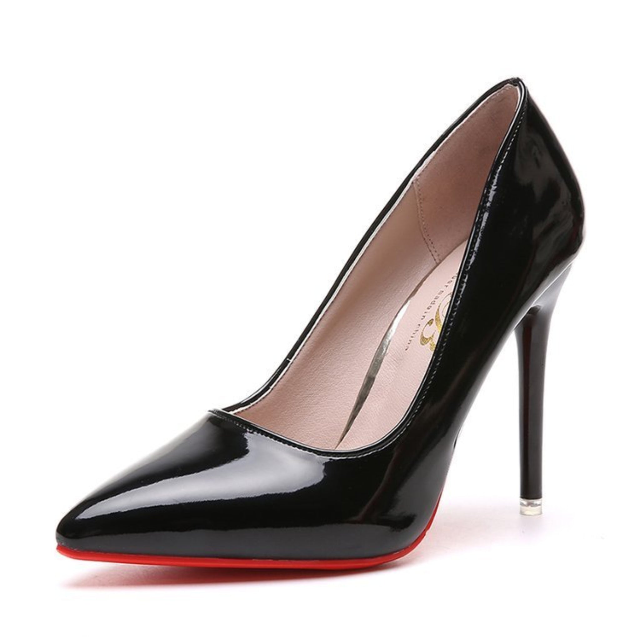 Elegant pointed pumps with bold red bottom design and high heels. 