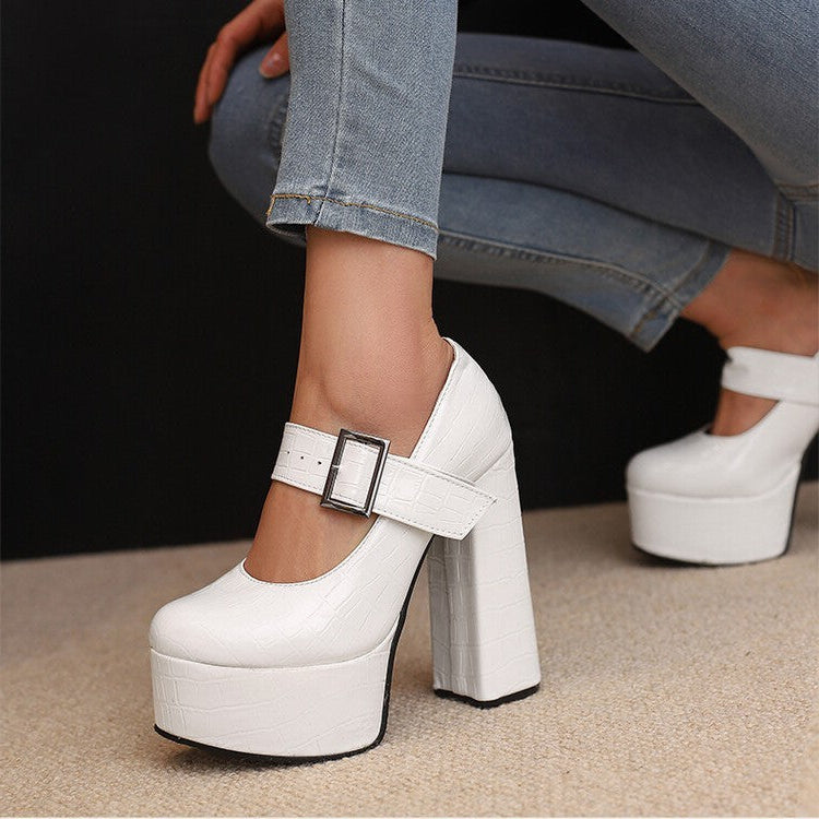 Colorful round-toe heels with buckle strap, PU lining, and rubber sole in various mouth depths and heel heights.