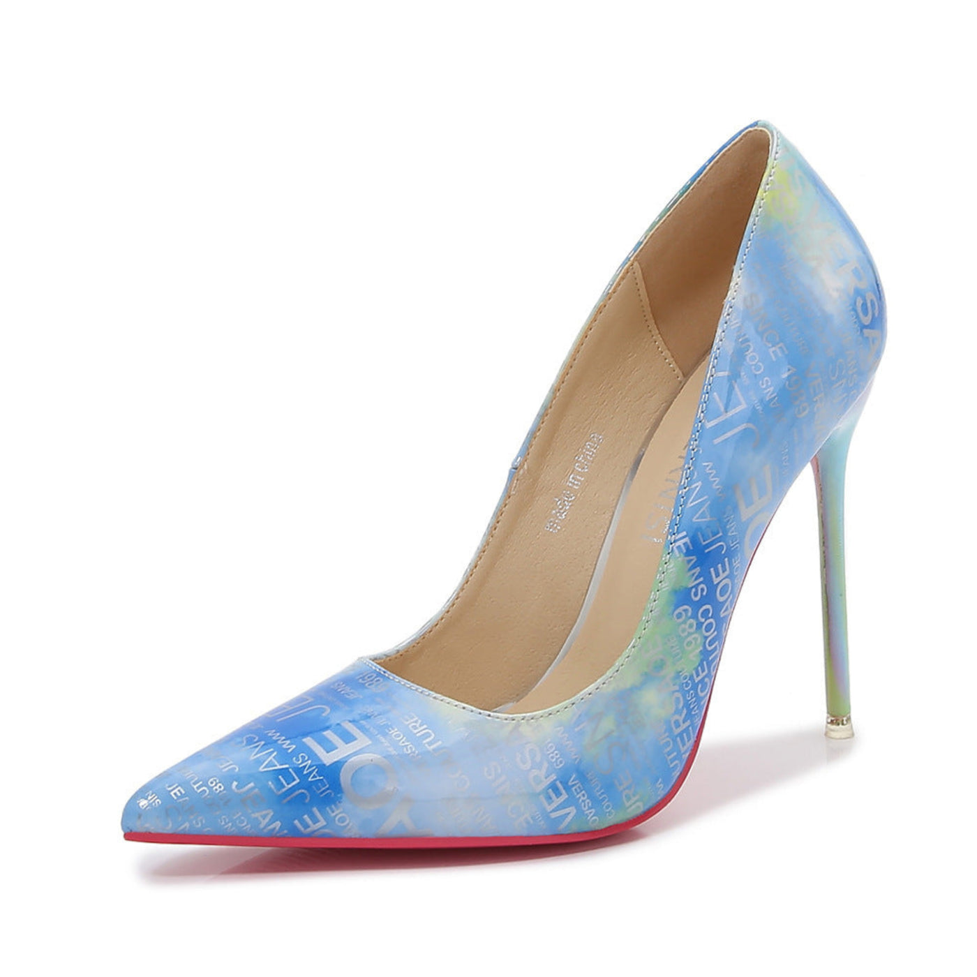Colorful pointed-toe stiletto heels with a chic shallow mouth design and red bottom. 