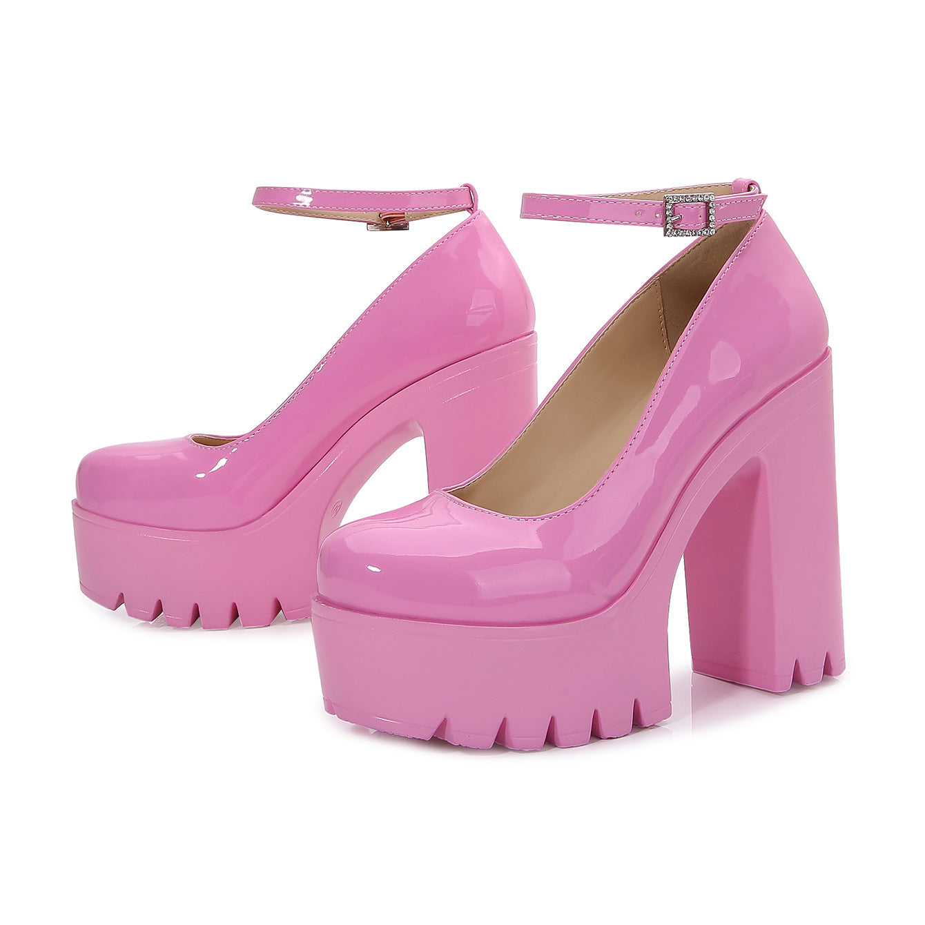 Pink metallic stiletto high heels with side-hollow design and mirror finish for women