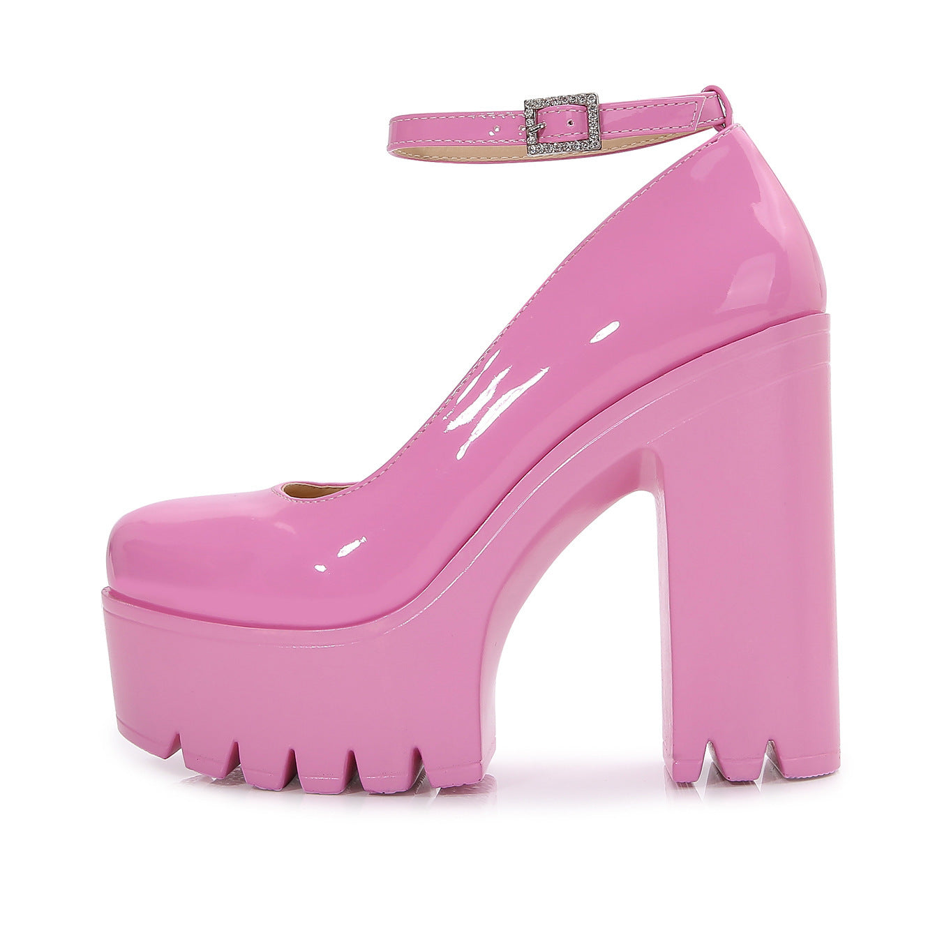 Pink metallic stiletto high heels with side-hollow design and mirror finish for women