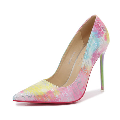Colorful pointed-toe stiletto heels with a chic shallow mouth design and red bottom. 