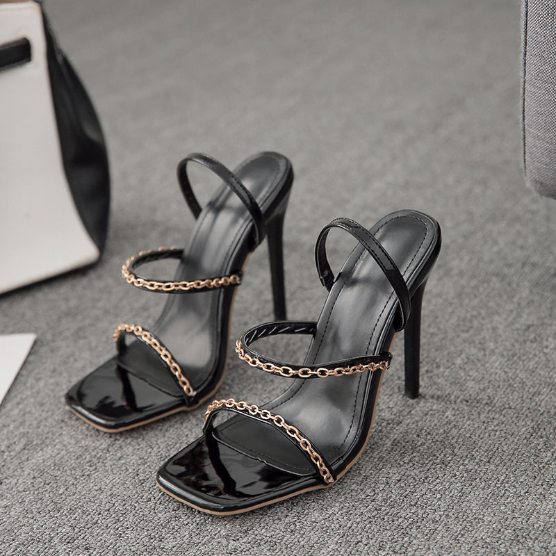 One-pedal slip-on high heels with metal accents, open side and back design, super high heel, European-American style, sizes 35–42.